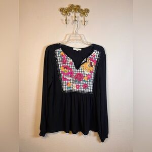 Black Long-Sleeve Top with Floral Embroidered Yoke. Size M